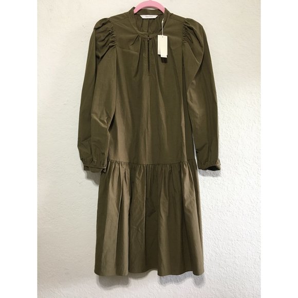 Rebecca Taylor NWT Womens 6 Knee Length Puff Sleeve Dress Dark Olive - Picture 2 of 15